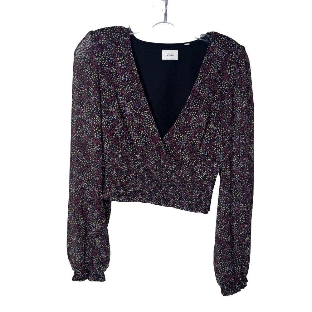 Wilfred Aritzia Floral Smocked Wrap Blouse Black Multi Long Sleeve Crop Top M